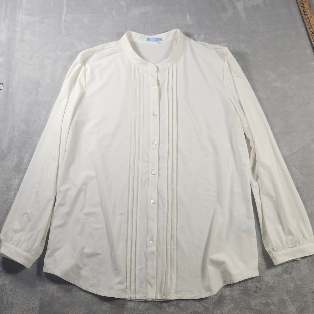 J McLaughlin Top Womens Large Ivory Stretch Knit Pleated Blouse Career Coastal‎